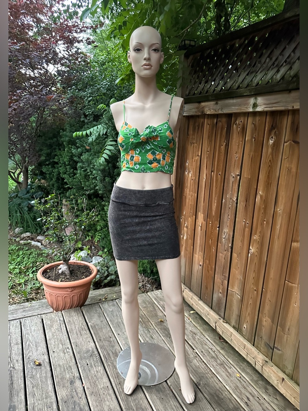 Green & Orange Bowtie Bust Crop Top